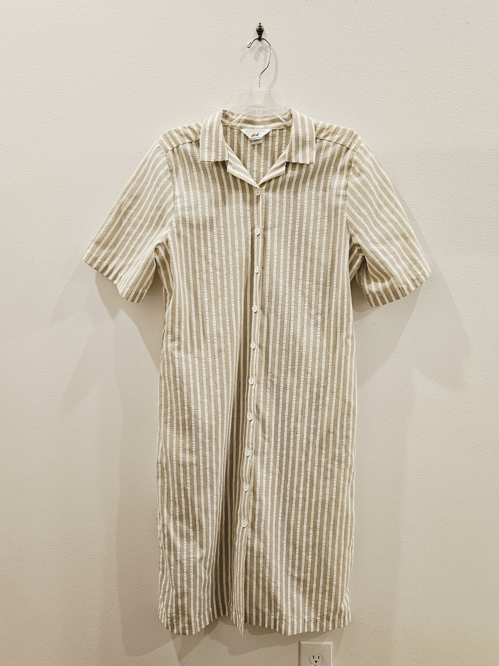 Beige and White Striped Midi Shirt Dress